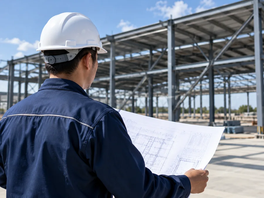 Engineer inspecting industrial roof structure with drawings, illustrative scene
