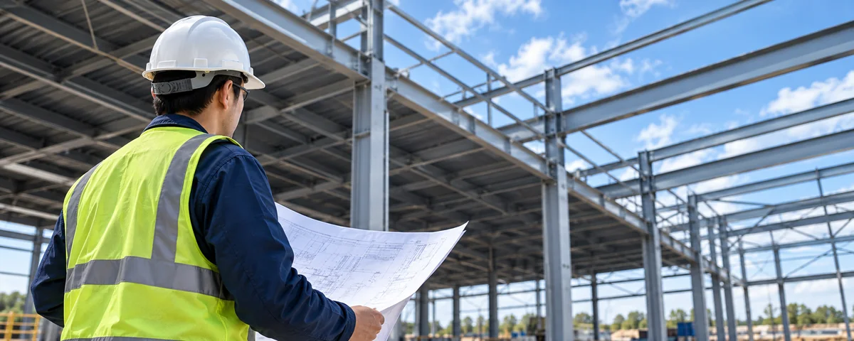 Structural engineer reviewing drawings at an industrial steel frame, illustrative scene