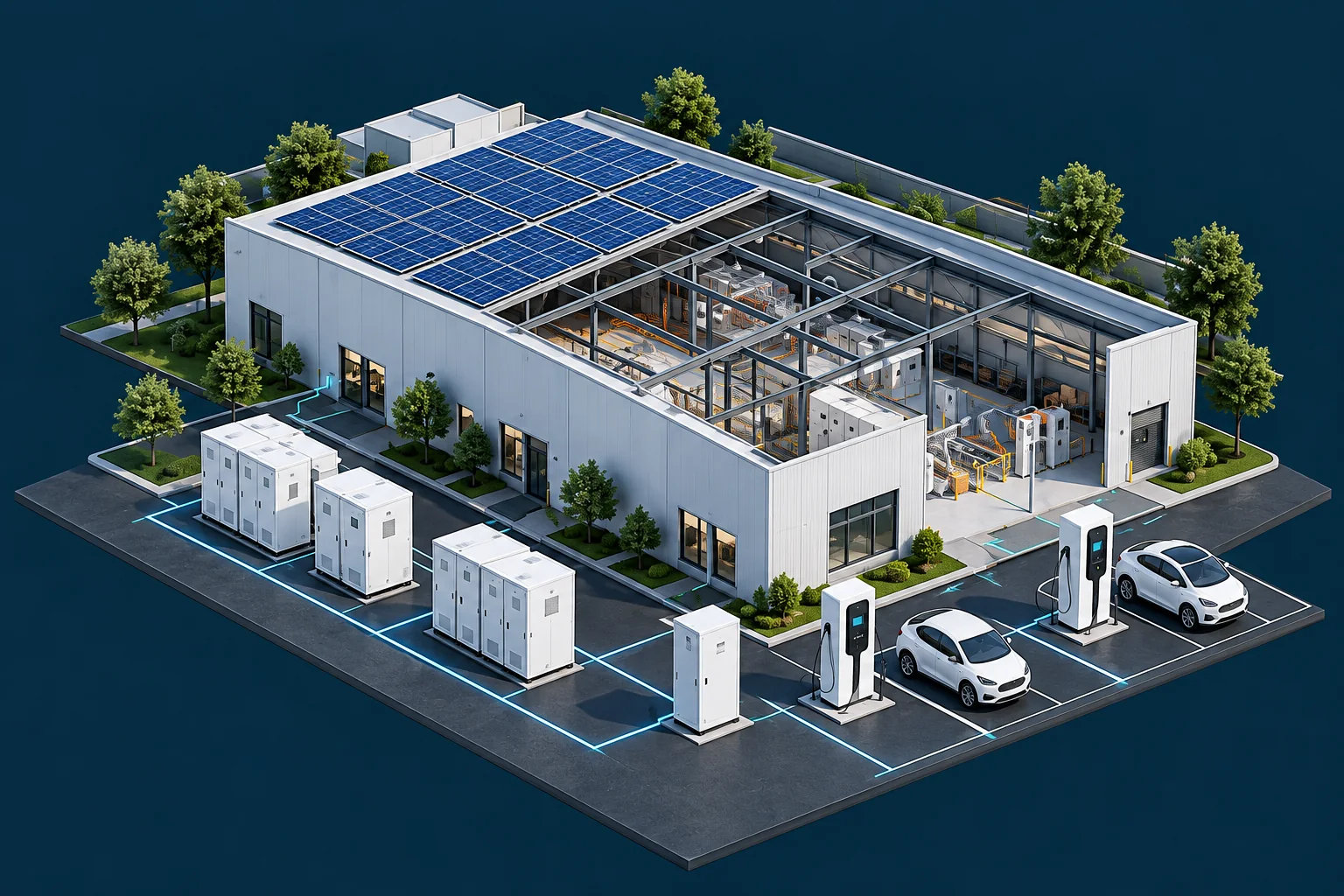 Illustrative solar-roof industrial building with exposed steel structure, storage cabinets and EV charging