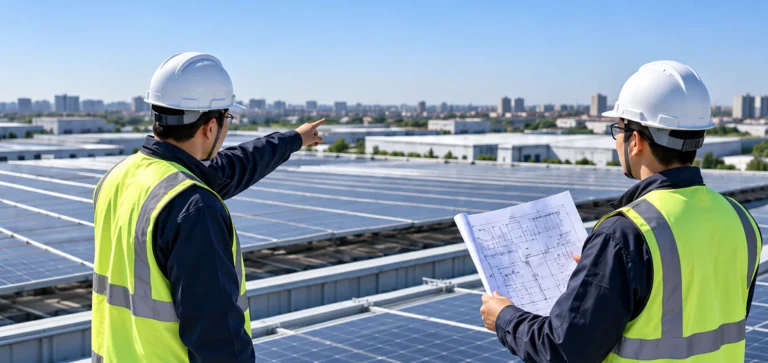 article's large roof survey photograph showing two helmeted engineers in navy workwear and hi-vis vests reviewing drawings on a PV-covered industrial rooftop, one points towards the site; illustrative imagery