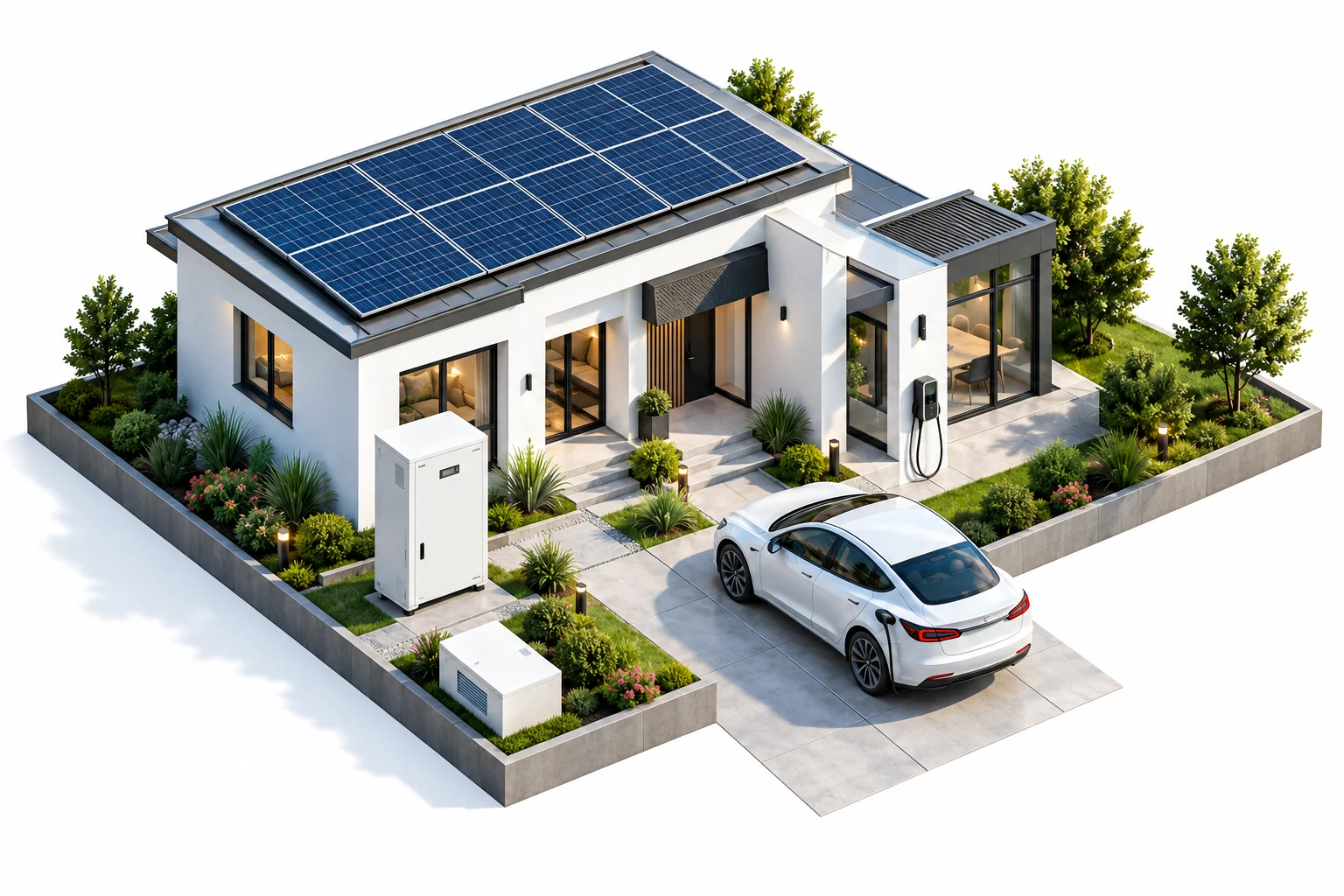Concept isometric villa solar, storage and charging layout